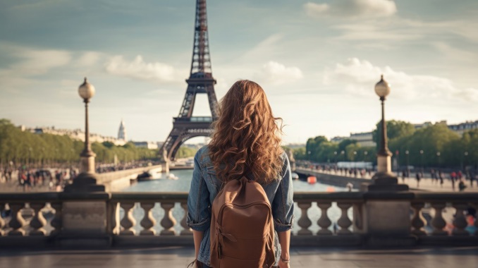 A student standing in front of the Eiffel Tower whilst on an educational French language trip.